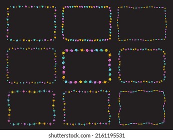 Cute Neon Abstract Heart Flower Valentines Day Rectangle Doodle Free Hand Drawing Drawn Line Borders Frames Wreath Plate Set Collection Flat Style Rainbow Colorful Black Background Vector Illustration