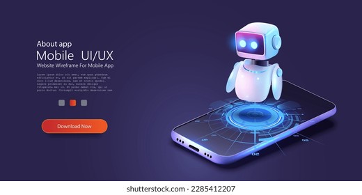 Cute neon cartoon robot. AI Content Generator. Chatbot technology, isometric. Technology and engineering. AI chat bot based on artificial intelligence and neural networks. Online training banner.