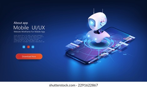 Cute neon cartoon robot. AI Content Generator. Chatbot technology, isometric.  AI chatbot based on artificial intelligence and neural networks. Artificial intelligence in science and business. Vector