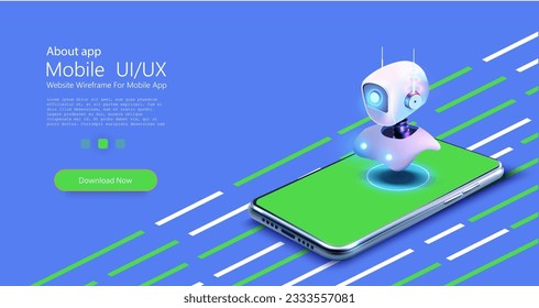 Cute neon cartoon robot. AI Content Generator. Chatbot technology, isometric. Technology and engineering. Cute AI bot helper character cartoon symbol business assistant. Vector illustration