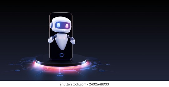 Cute neon cartoon robot. AI Content Generator. Chatbot technology. Technology and engineering. AI chat bot based on artificial intelligence and neural networks. Online training banner. Vector