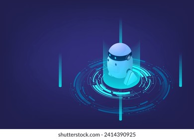 Cute neon cartoon robot. Content generator with artificial intelligence. Chatbot technology, isometric. Technology and Engineering. An AI chatbot based on artificial intelligence and neural networks.