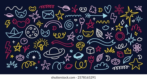 Cute neon color doodles, scribble elements, star and sun bursts, lights sparkles, ribbons, leaves, flowers, love hearts, different symbols vector illustration. Variety shapes fancy handdrawn icons