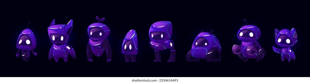 Cute neon dark ai robot bot mascot cartoon vector set. Futuristic purple character evolution with artificial intelligence technology. Smart and creative chatbot android companion for internet service