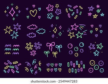 Cute neon decorative design elements. Abstract squiggles of different shapes - stars, hearts, flowers, confetti, bows, bubbles, waves. Vector hand-drawn doodle illustration isolated on dark background