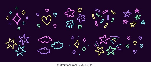 Cute neon decorative design elements. Abstract squiggles of different shapes - stars, hearts, flowers, confetti, sparkles. Vector hand-drawn doodle illustration isolated on dark background.
