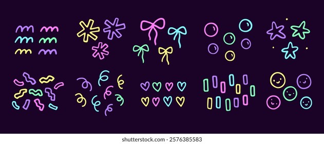 Cute neon decorative design elements. Abstract squiggles of different shapes - stars, hearts, confetti, bows, bubbles. Vector hand-drawn doodle illustration isolated on a dark background.