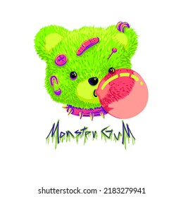 cute neon green teddy bear toy punk style with bubble gum for t-shirt print design vector illustration and slogan "Monster gum"