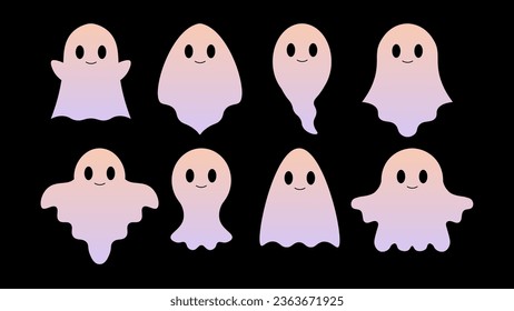 Cute Neon Halloween Ghost vector set. Funny simple ghosts collection with various shapes. Cheerful smiling glowing horror characters for holiday design. 