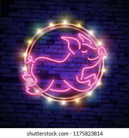 Cute Neon pig. Happy Chinese New Year 2019 design template vector. Chinese New Year of Pig greeting card, Light banner, neon style.