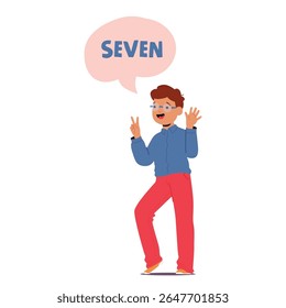 Personagem bonito menino nerd desenho animado em óculos aprendendo números contando sete por dedos com mãos levantadas. Curioso engraçado estudante masculino desfrutando escola entretenimento ilustração vetorial