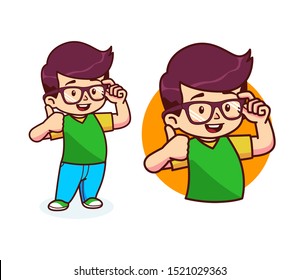 Cute nerd boy thumbs up vector character illustration