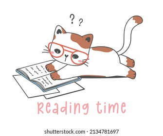 cute nerd and confused face cat kitty wearing glasses reading book cartoon doodle drawing illustration for greeting card