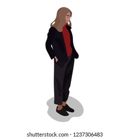 Cute nerd girl .Beautiful teacher female avatar character. Trans woman in black dress and glassed. Cartoon character of smart kid. Flat vector design