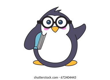 Cute nerd Penguin with books. Vector Illustration. Isolated on white background.