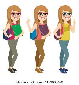 Cute nerd student girl standing on different action and color