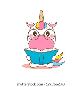 Cute nerd unicorn character reading a book with glasses. Cartoon design illustration isolated white background.