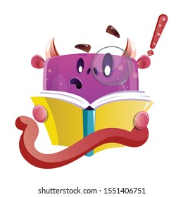 Cute Nerdy Boxy Purple Monster/creature Reading Book. Vector Illustration Isolated On White Background 