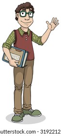 Cute nerdy boy with glasses and books, cartoon character, vector illustration isolated on white