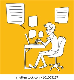 Cute nerdy man with eyeglasses and headset enjoying his time typing keyboard and using laptop for connecting with his social network or gaming. Word bubbles or balloons are included. Doodle style.