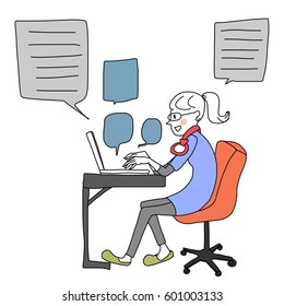 Cute nerdy woman with eyeglasses and headset enjoying her time typing keyboard and using laptop for connecting with her social network or gaming. Word bubbles or balloons are included. Doodle style.