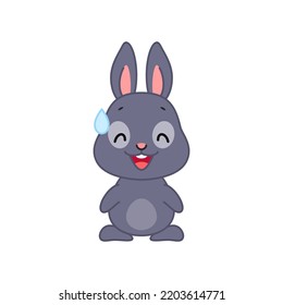 Cute nervous bunny. Flat cartoon illustration of a little black rabbit smiling with cold sweat isolated on a white background. Vector 10 EPS.