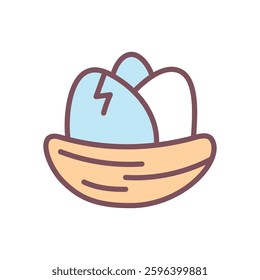 Cute nest icon. Hand drawn illustration of three bird eggs in a nest of twigs isolated on a white background. Kawaii spring sticker. Vector 10 EPS.