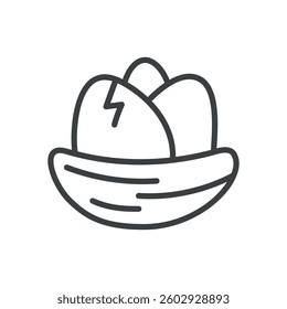 Cute nest icon. Hand drawn monochrome illustration of three bird eggs in a nest of twigs isolated on a white background. Kawaii spring sticker. Vector 10 EPS.