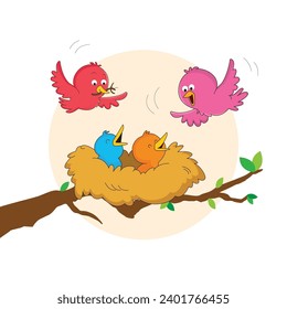 Cute Nest on the branch of tree with beautiful birds and baby birds vector illustration