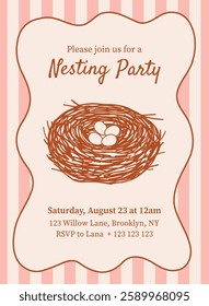 Cute Nesting party invitation with a bird's nest in coquette style. Perfect for baby showers, gender reveal parties and celebrations. 