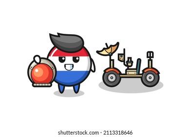 the cute netherlands flag badge as astronaut with a lunar rover , cute style design for t shirt, sticker, logo element