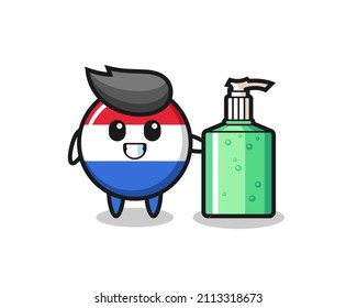cute netherlands flag badge cartoon with hand sanitizer , cute style design for t shirt, sticker, logo element
