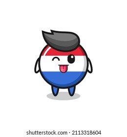 cute netherlands flag badge character in sweet expression while sticking out her tongue , cute style design for t shirt, sticker, logo element