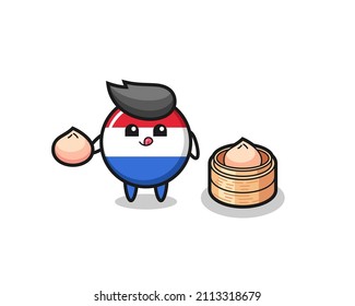 cute netherlands flag badge character eating steamed buns , cute style design for t shirt, sticker, logo element