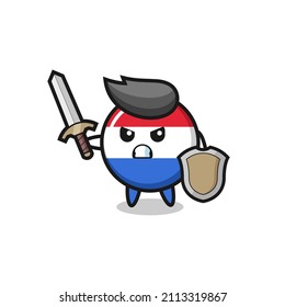 cute netherlands flag badge soldier fighting with sword and shield , cute style design for t shirt, sticker, logo element