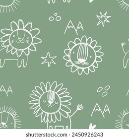 Cute neutral pastel whimsical nursery seamless pattern with simple doodle lions, stars. Newborn playful cheerful fabric apparel