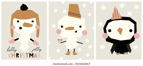 Cute neutral scandinavian bohemian hand drawn arctic antarctic merry christmas new year festive cards set.