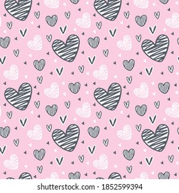 Cuto el interminable doodle de fondo rosado con corazones diferentes. Ilustración vectorial plana para el día de San Valentín. Patrón de amor para la impresión