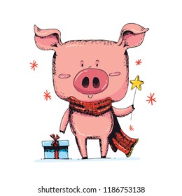 Cute new 2019 year symbol, happy piglet vector winter character illustration with christmas gifts