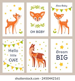 Cute new baby shower fawn. Funny animals, greeting cards, nursery prints and childish textile decor. Welcome little one posters, forest fauna characters, mom and kid deers, cartoon vector set