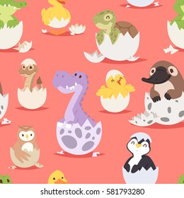 Cute new born animals in eggs easter seamless pattern