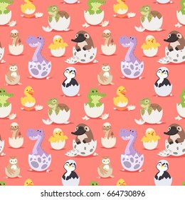 Cute new born animals in eggs easter seamless pattern background