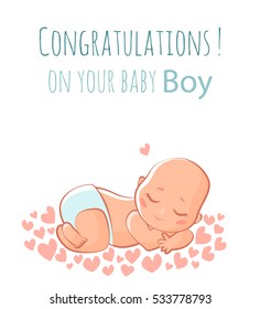 Cute New Born Baby Boy. Vector Flat Illustration