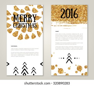 Cute New Year 2016 Greeting Cards with Gold Confetti Glitter Texture. Vector illustration.