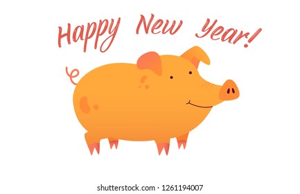 Cute New Year 2019 smiling pig vector illustration isolated on white background for web and printing.