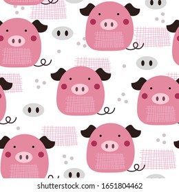 Cute new year 2019 symbol pink pig pattern. Cartoon style for children,kids and nursery. Home decor design for fabric,posters and textile, Vector illustration