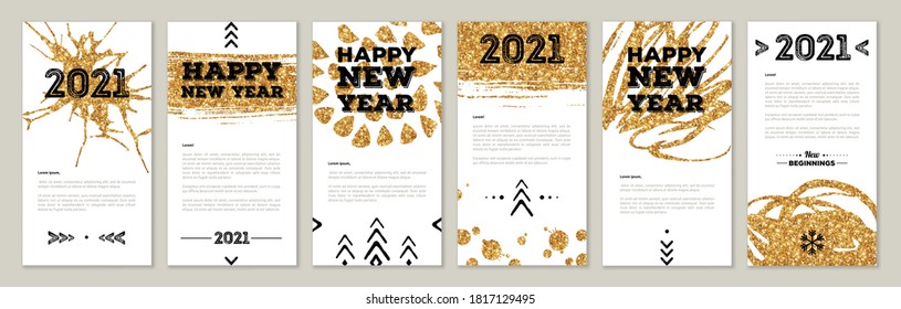 Cute New Year 2021 Greeting Cards with Gold Confetti Glitter Texture and Paint Stains. Vector illustration. Place for text. Poster Invitation Template with Golden Brush Strokes.