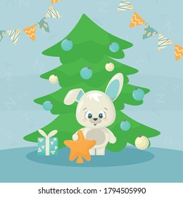cute new year 2021 vector card with happy white cartoon funny rabbit, green tree, christmas toys, flags and gifts on blue background