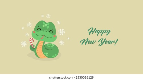 Cute new year 2025 banner with cartoon snake symbol. Vector illustration. Playful design featuring kawaii green snake holding candy cane. Copy space, happy Chinese new year greeting card.