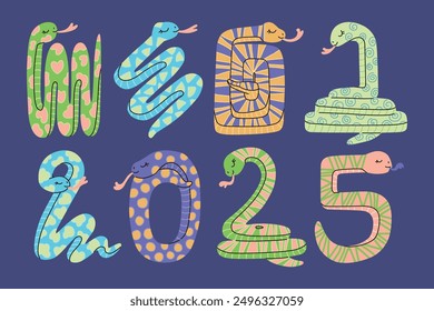 Cute New Year 2025 symbol snake modern hand painted illustration design for branding cover, card, poster, website banner. Abstract hand drawn sign vector clipart